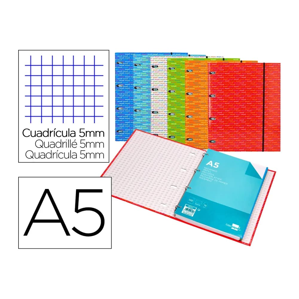 Liderpapel Carpeta con recambio liderpapel a5 cuadro 5mm forrada 4 anillas 20mm