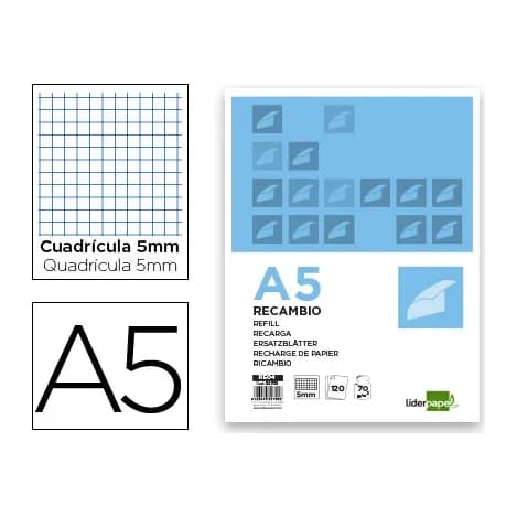Liderpapel Recambio liderpapel a5 120 hojas 75gr cuadro 5mm sin ma rgen 6 taladros bandas de 5 colores