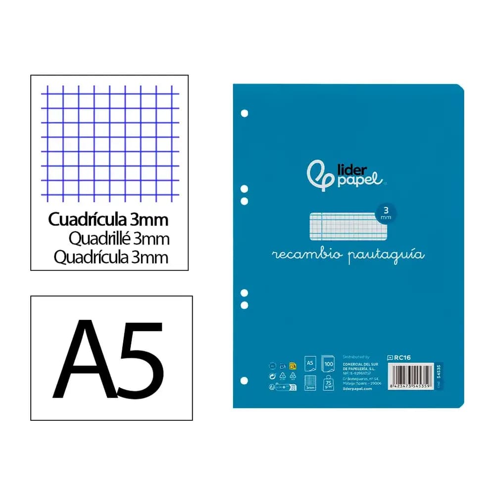 Liderpapel Recambio liderpapel a5 pautaguia 100 hojas 75gr cuadriculado pautado 3mm con margen 6 taladros