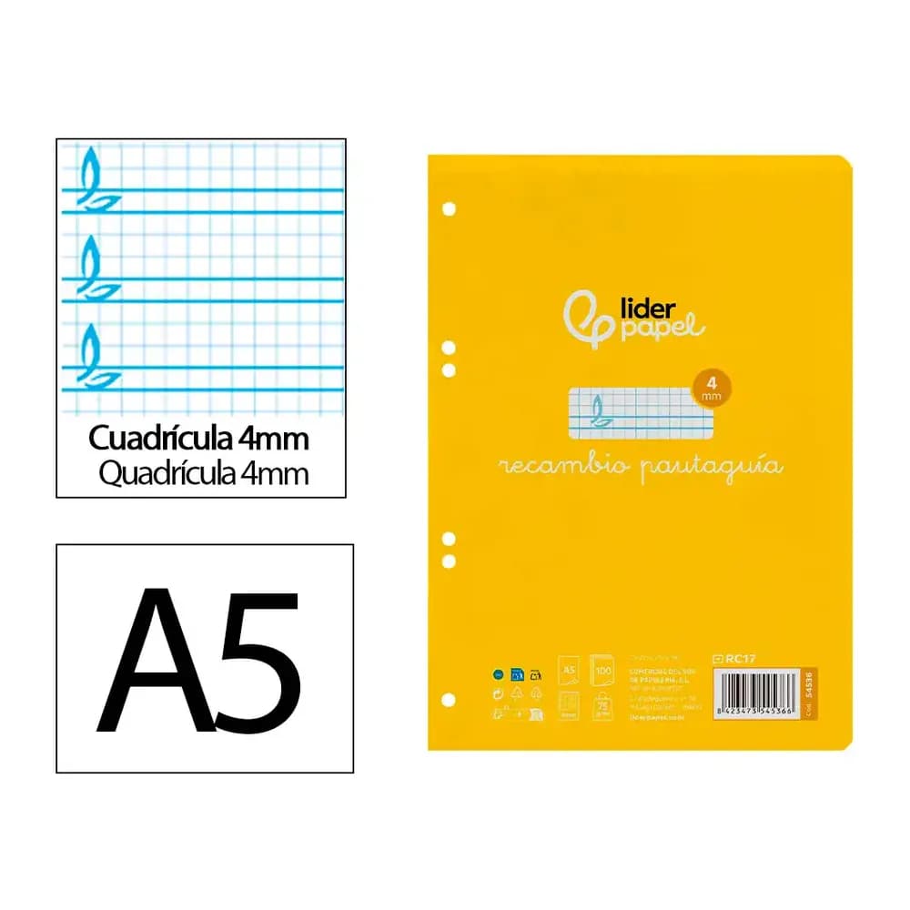 Liderpapel Recambio liderpapel a5 pautaguia 100 hojas 75gr cuadriculado pautado 4mm con margen 6 taladros