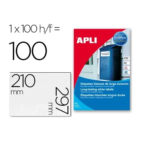 Apli Etiqueta adhesiva apli poliester 210x297 mm resistente a la interperie laser pack de 100 hojas