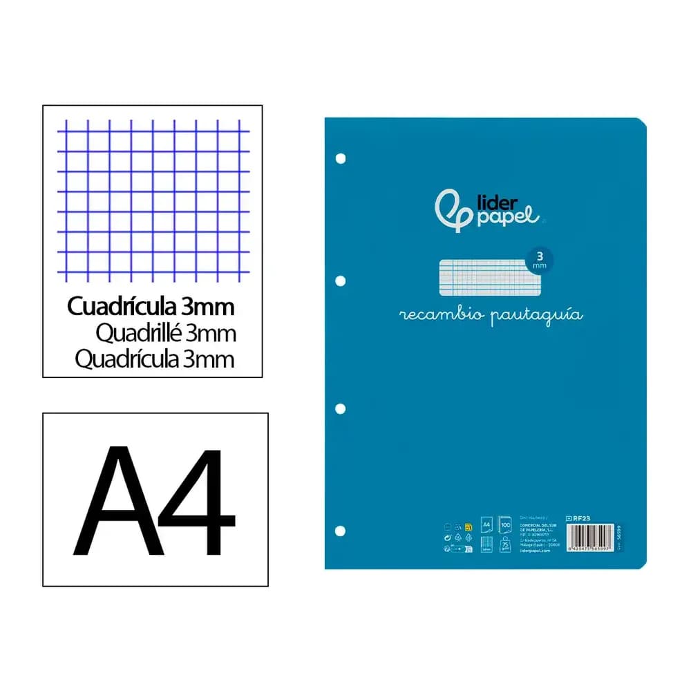 Liderpapel Recambio liderpapel a4 pautaguia 100 hojas 75gr cuadriculado pautado 3mm con margen 4 taladros