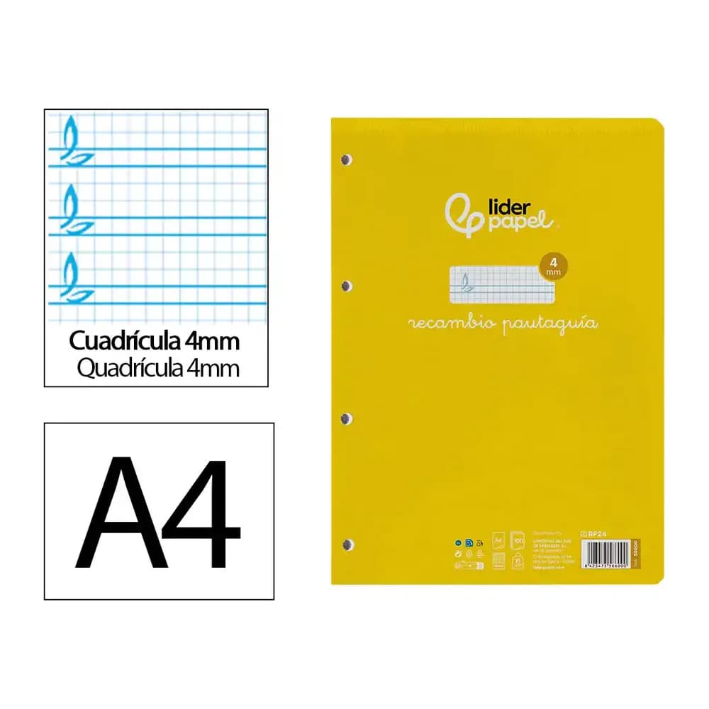 Liderpapel Recambio liderpapel a4 pautaguia 100 hojas 75gr cuadriculado pautado 4mm con margen 4 taladros