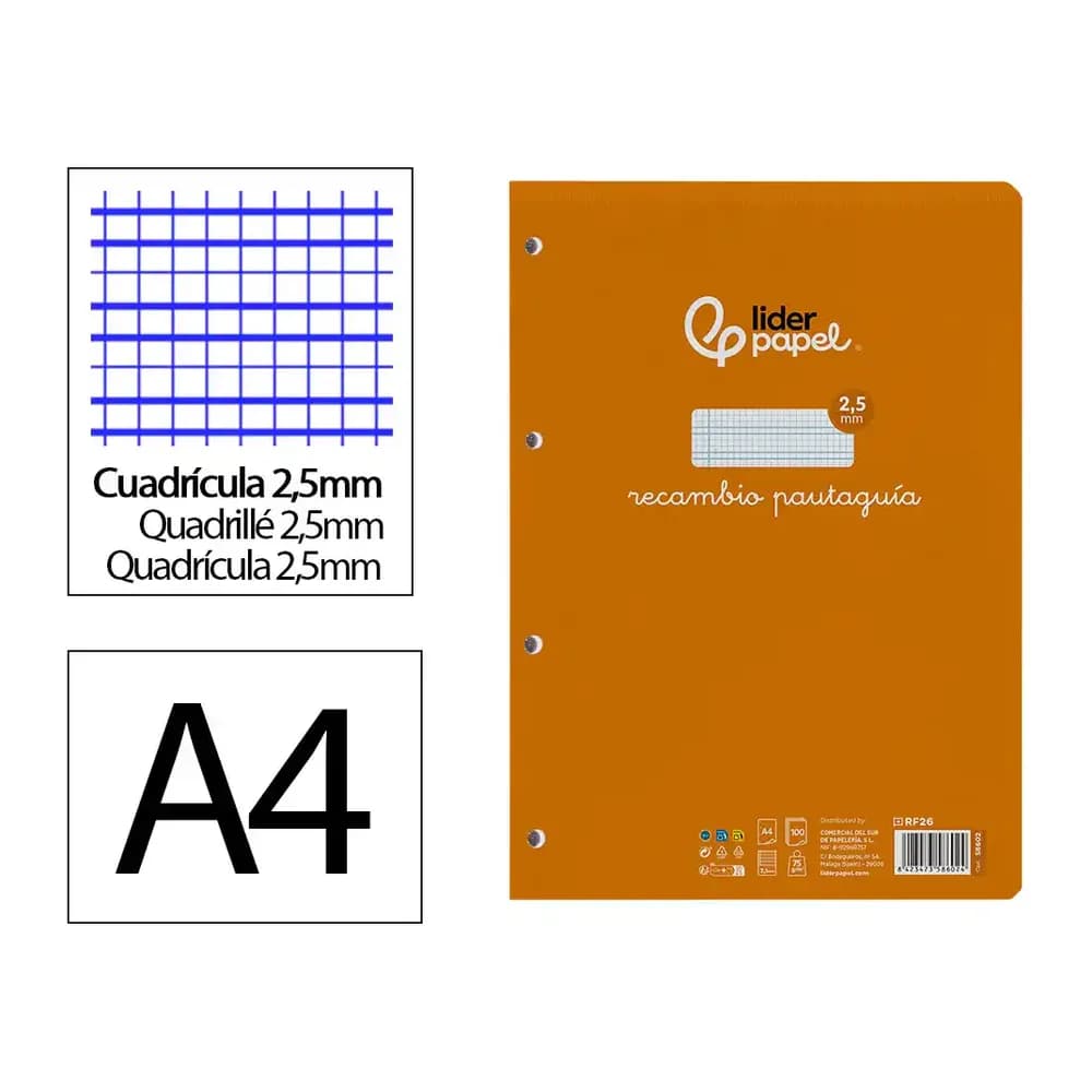Liderpapel Recambio liderpapel a4 pautaguia 100 hojas 75gr cuadriculado pautado 2,5mm con margen 4 taladros