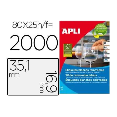 Apli Etiqueta adhesiva apli 35,6x16,9 mm fotocopiadora laser inkjet caja 25 hojas din a4 con 2000 etiquetas