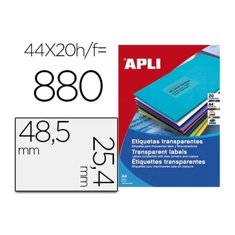 Apli Etiqueta adhesiva apli transparente 48,5x25,4 mm fotocopia laser inkjet caja 20 hojas din a4 con 880