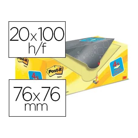 Post-it Bloc de notas adhesivas quita y pon post-it amarillo canario 76x76 mm pack promocional 16+4 gratis