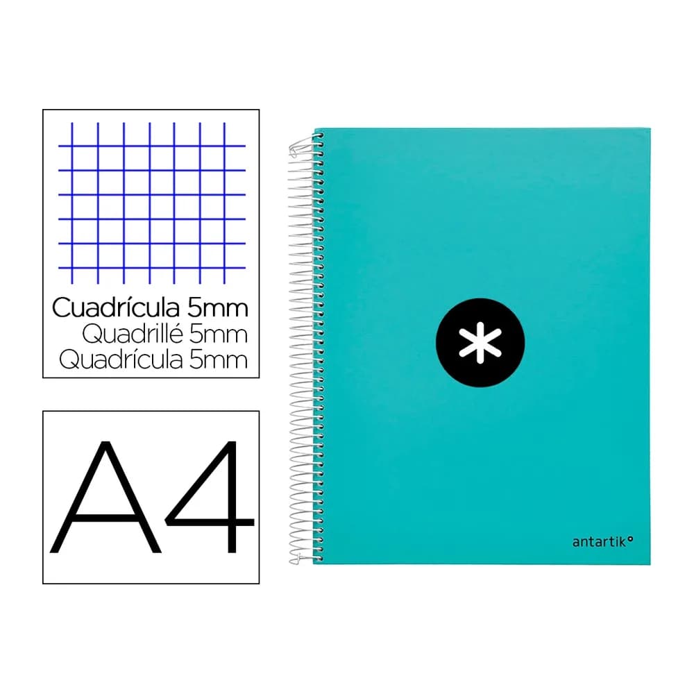 Antartik Cuaderno espiral a4 micro antartik tapa forrada 120h 90 gr cuadro 5mm 5 bandas 4 taladros color menta