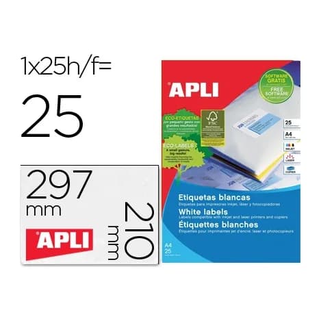Apli Etiqueta adhesiva apli 1215 210x297 mm para fotocopiadora laser ink-jet caja con 25 hojas