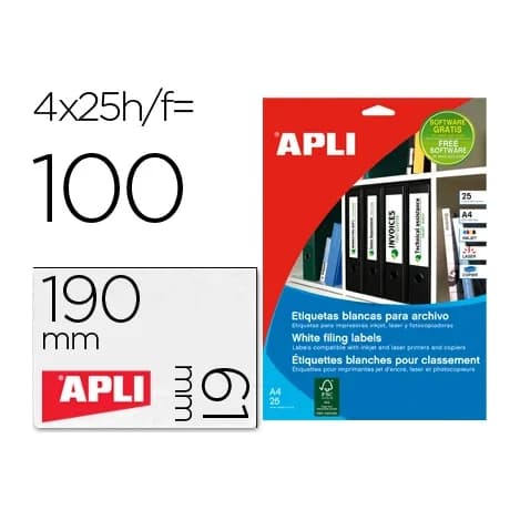Apli Etiqueta adhesiva apli 1233 tamaño 190x61 mm para fotocopiadora laser ink-jet caja 25 hojas con 100