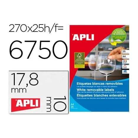 Apli Etiqueta adhesivas apli 10197 tamaño 17,8x10 mm removible para fotocopiadora laser ink-jet caja 25 hojas con