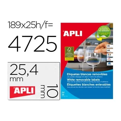 Apli Etiqueta adhesivas apli 10198 tamaño 25,4x10 mm removible para fotocopiadora laser ink-jet caja 25 hojas con