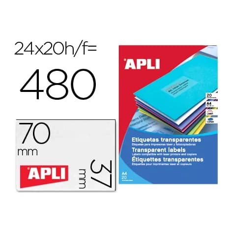 Apli Etiqueta adhesiva apli 1224 transparentes tamaño 70x37 mm para fotocopiadora laser caja 20 hojas con 480 etiquetas