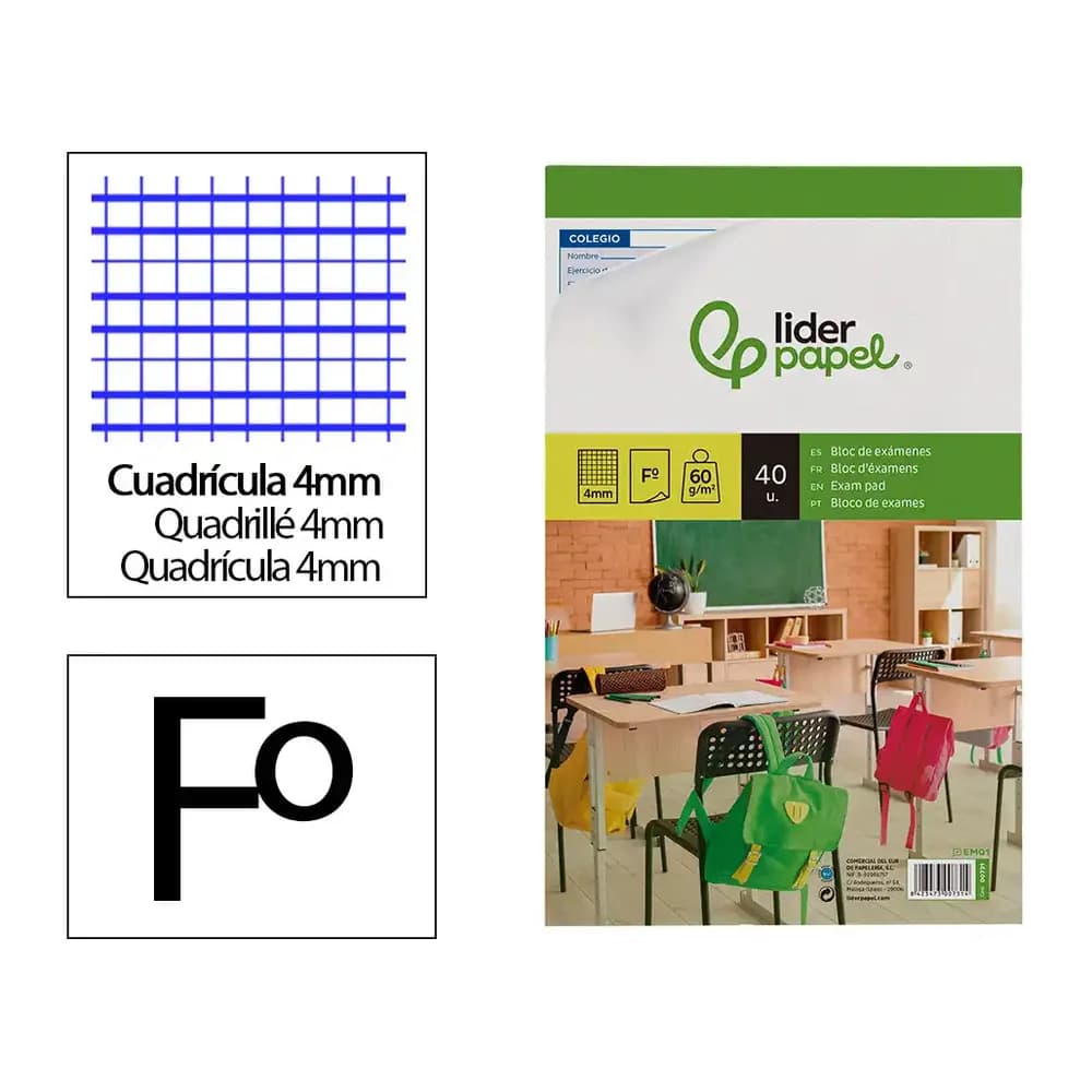 Liderpapel Bloc examenes liderpapel cuadro 4mm folio 40 hojas 60g/m2