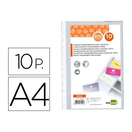 Liderpapel Recambio fundas liderpapel din a4 para tarjetero bolsa de 10 hojas capacidad 20 tarjetas por hoja