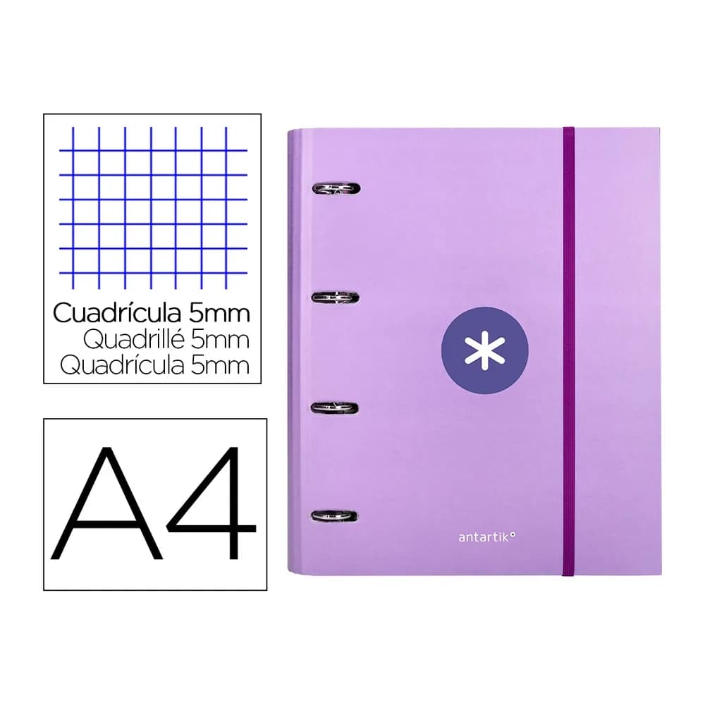 Antartik Carpeta con recambio antartik a4 cuadro 5mm forrada 4 anillas 40mm redondas con solapa color lavanda