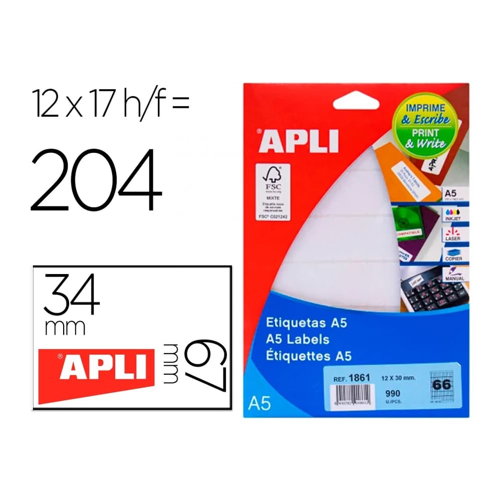 Apli Etiqueta adhesiva apli blanca 12x30 mm sobre a5 de 990 unidades