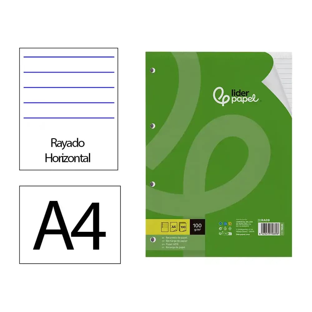 Liderpapel Recambio liderpapel a4 100 hojas 100gr rayado horizontal con margen 4 taladros