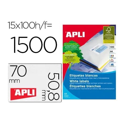Apli Etiqueta adhesiva apli 1295 tamaño 70x50,8 mm fotocopiadora laser ink-jet caja con 100 hojas din a4