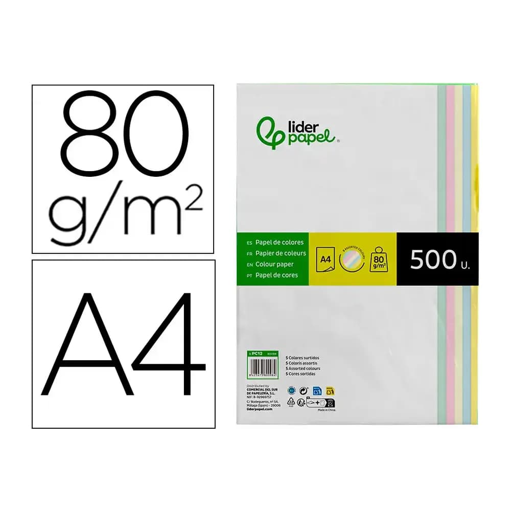 Liderpapel Papel color liderpapel a4 80gr 5 colores surtidos paquete de 500 hojas
