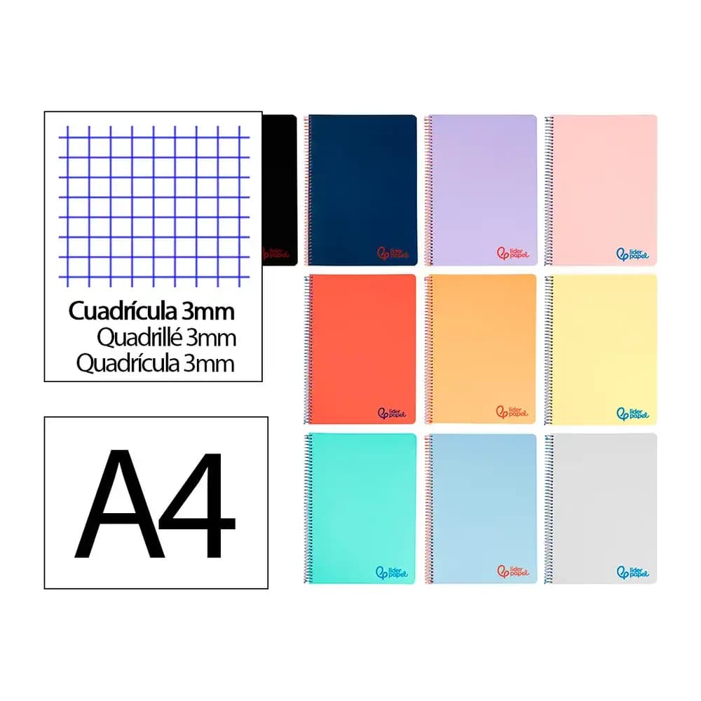 Liderpapel Cuaderno espiral liderpapel a4 wonder tapa plastico 80h 90gr cuadro 3mm con margen colores surtidos