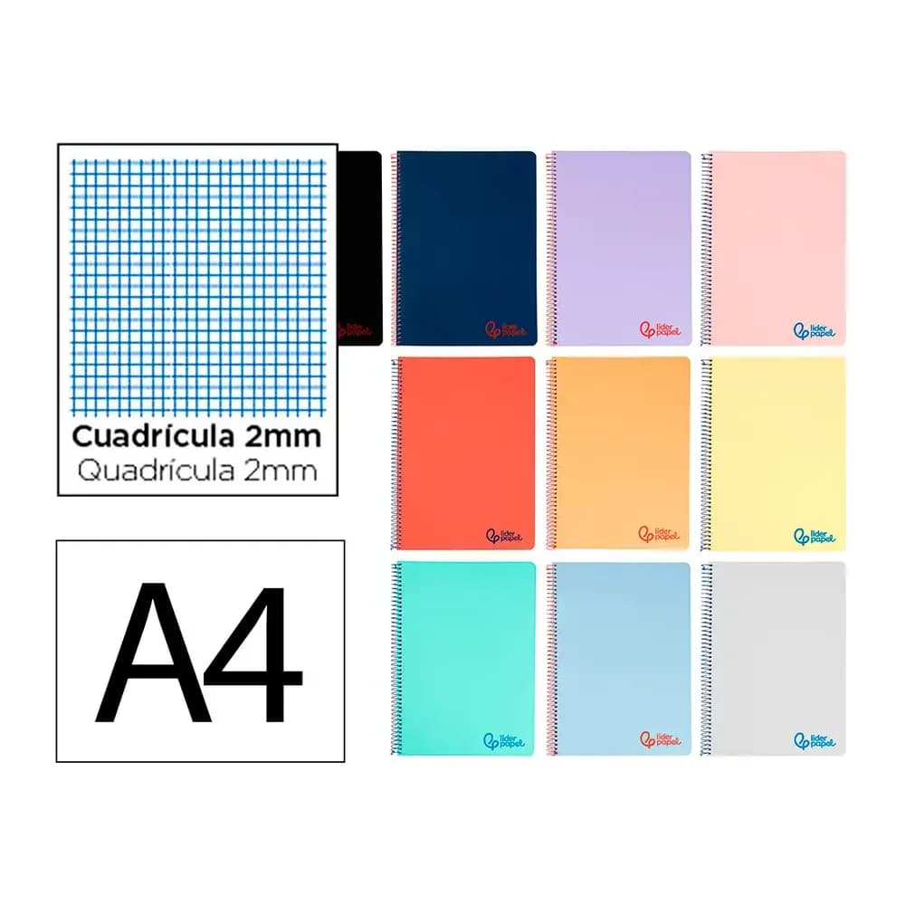 Liderpapel Cuaderno espiral liderpapel a4 wonder tapa plastico 80h 90gr milimetrado 2mm con margen colores surtidos