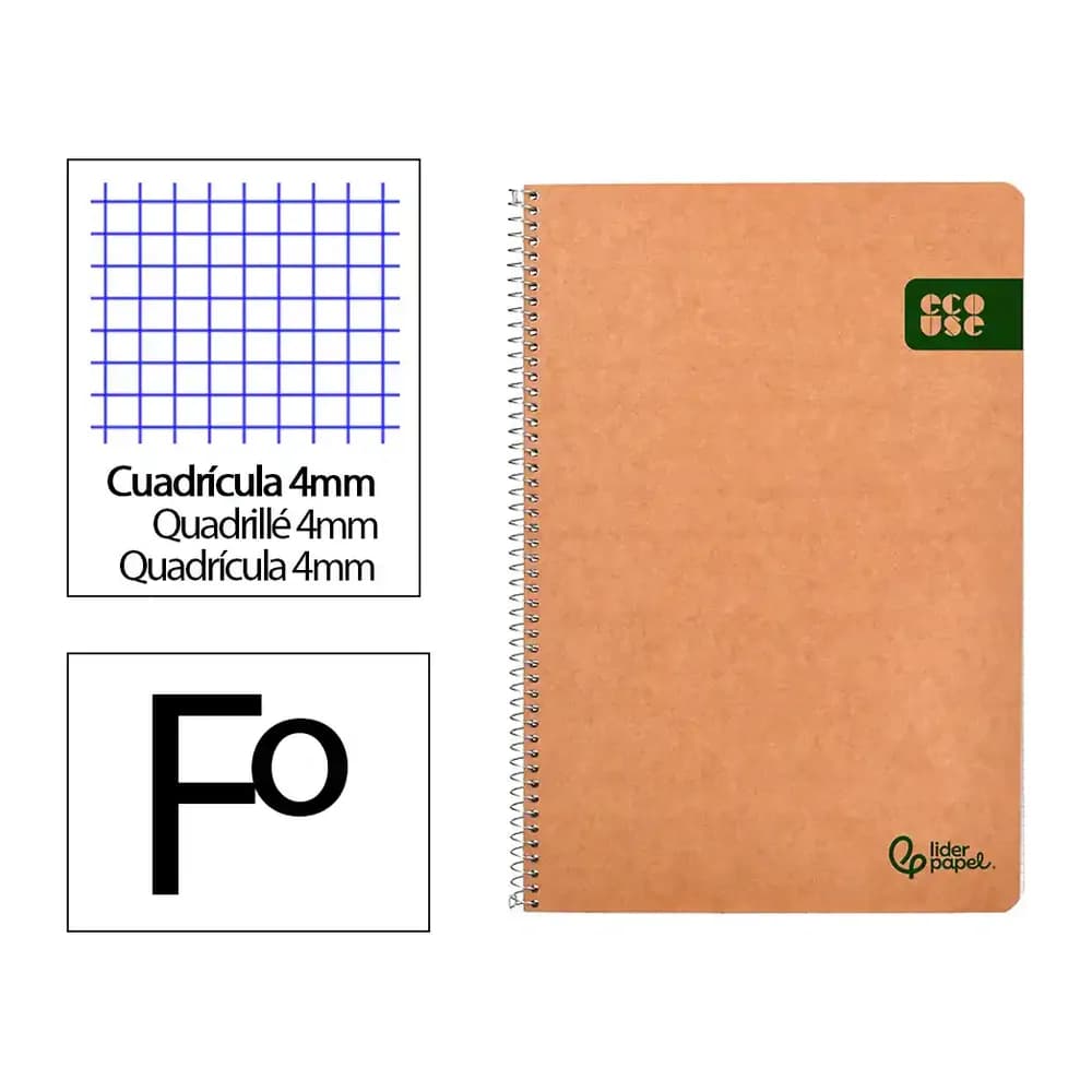 Liderpapel Cuaderno espiral liderpapel a4 ecouse tapa cartulina kraft 80h papel reciclado 80gr cuadro 4mm con margen