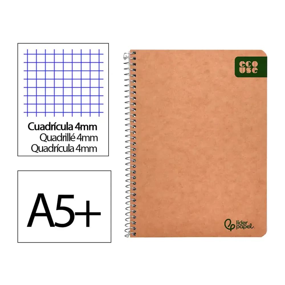 Liderpapel Cuaderno espiral liderpapel a5 ecouse tapa cartulina kraft 80h papel reciclado 80gr cuadro 4mm