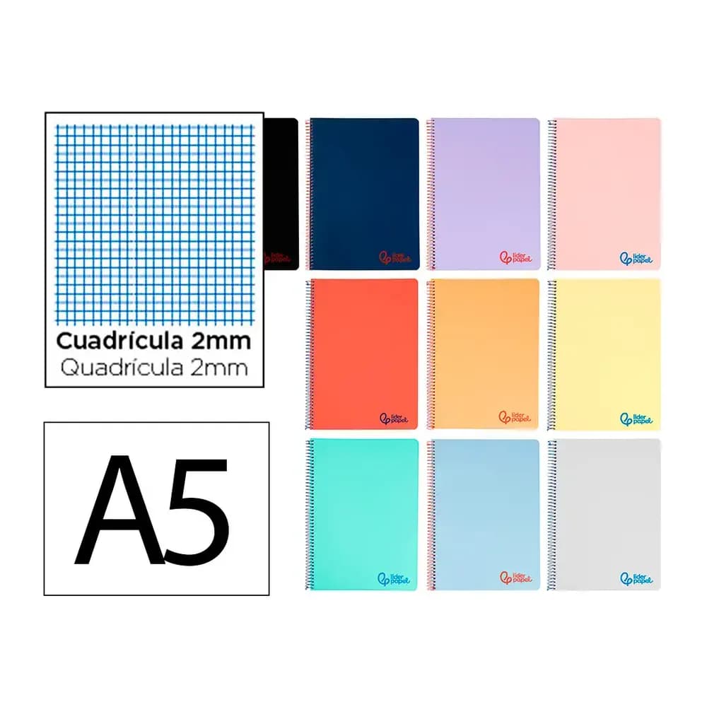 Liderpapel Cuaderno espiral liderpapel a5 wonder tapa plastico 80h 90g milimetrado 2mm colores surtidos