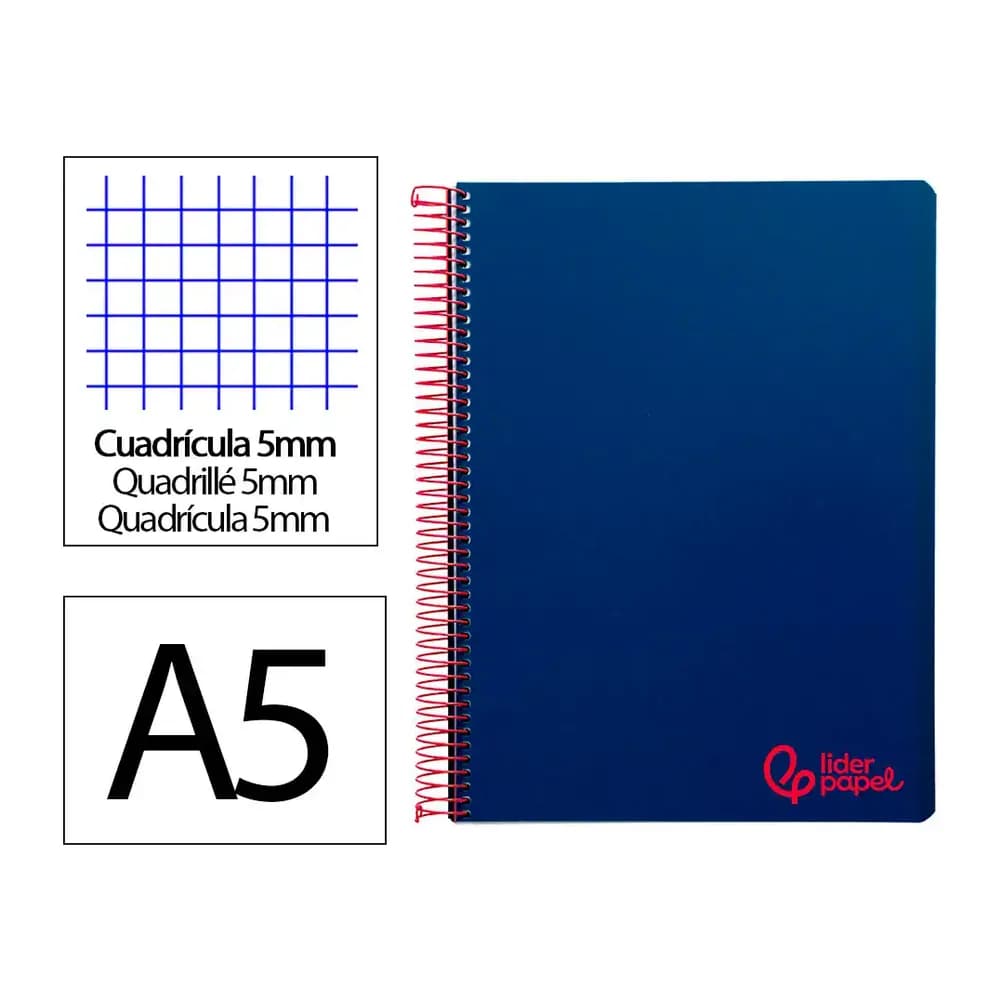 Liderpapel Cuaderno espiral liderpapel a5 micro wonder tapa plastico 120h 90gr cuadro 5mm 5 bandas 6 taladros color azul marino