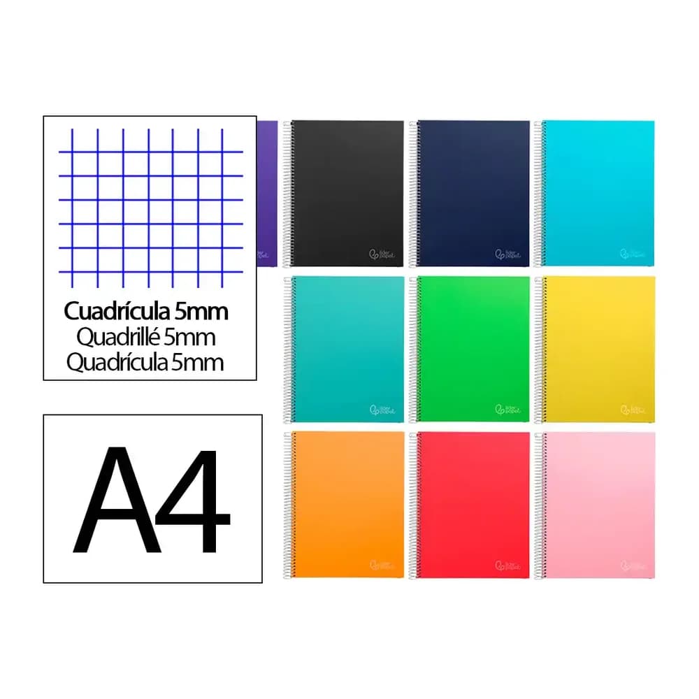 Liderpapel Cuaderno espiral liderpapel a4 micro jolly tapa forrada 140h 75gr cuadro 5mm 5 bandas 4 taladros colores
