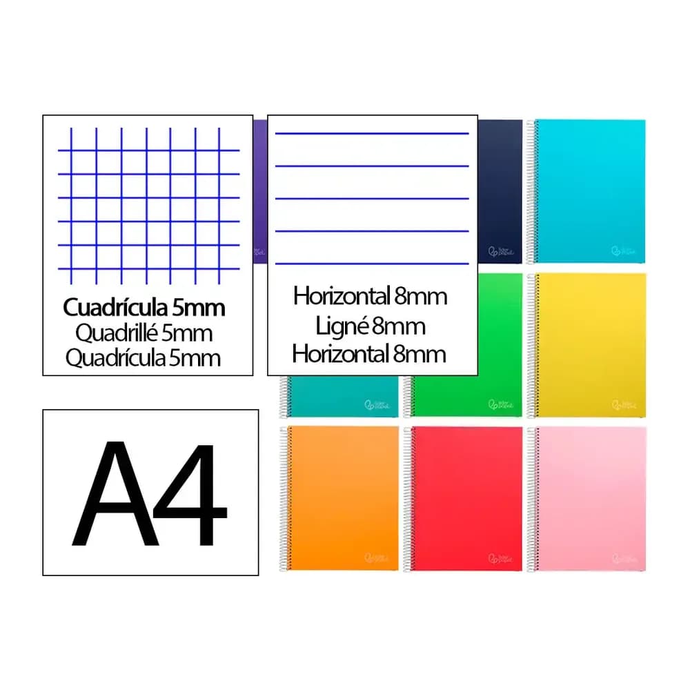 Liderpapel Cuaderno espiral liderpapel a5 micro jolly tapa forrada 140h 75gr cuadro 5mm 5 bandas 6 taladros colores surtidos