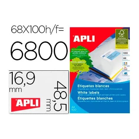 Apli Etiquetas adhesivas apli 01282 tamaño 48,5x16,9 mm para fotocopiadora laser ink-jet caja de 100h dina4 6800 etiqu